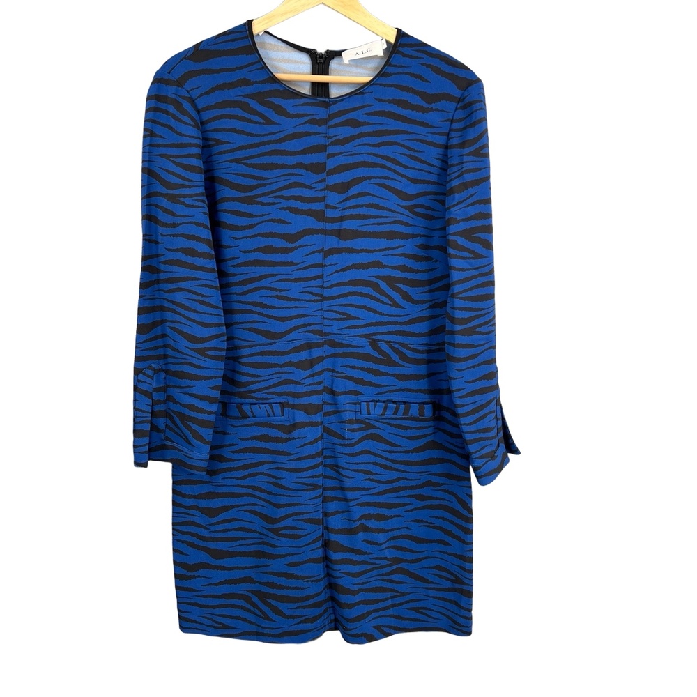 A.L.C. Shift Dress Blue Animal Print Bold Mod Retro Edgy Glam Mini Size 10